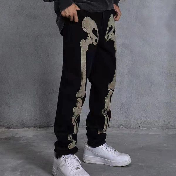

men's jeans bone towel embroidery straight ripped mens pants vibe style retro streetwear oversize casual loose denim trousers, Blue