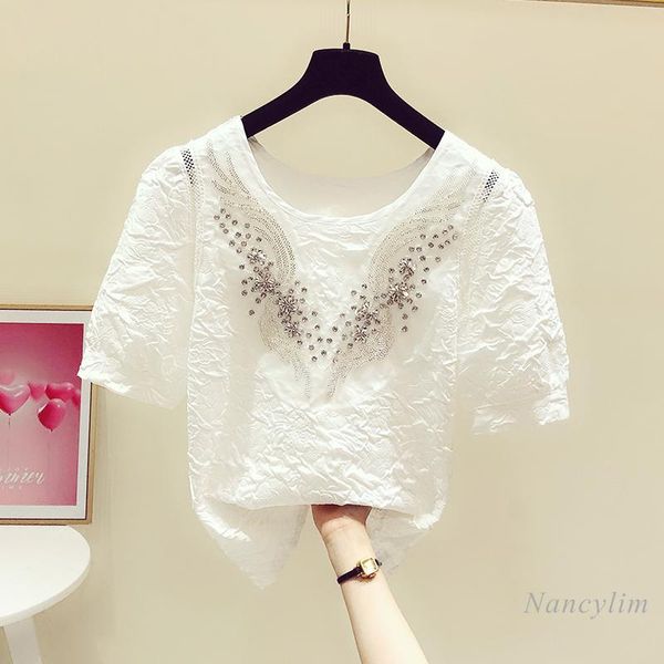 

women's blouses & shirts pullover fold womens 2021 summer puff short sleeve round collar beads diamond white temperament lady blusas