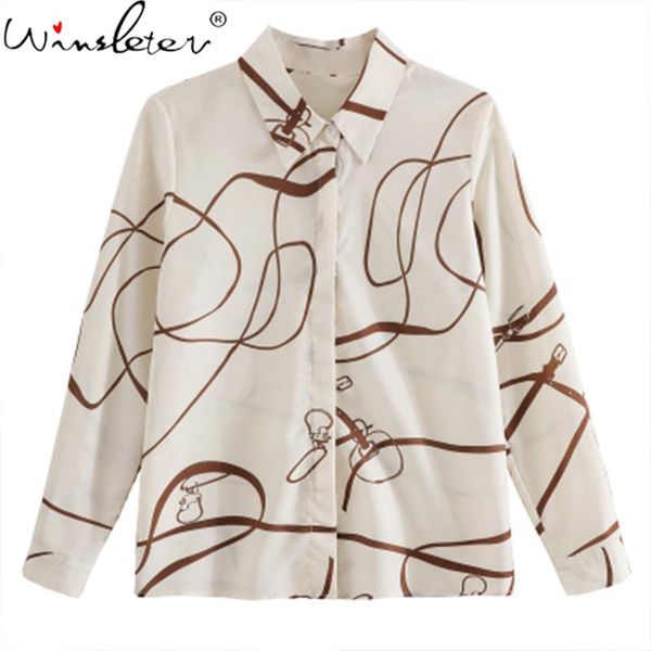 

women's blouses & shirts print woman chiffon 2021 autumn turn-down collar long sleeve women casual all match t07919k, White