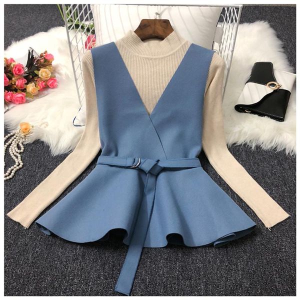 

women's sweaters fashion two pieces knitted solid sweater+vest belt 2021 spring autumn suit casual slim preppy style top, White;black