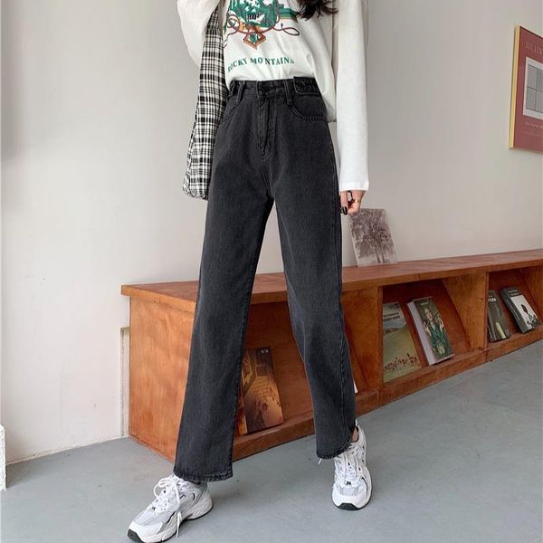 

women's jeans loose straight women autumn 2021 high waist student trousers woman's thin wide leg denim pants female black gray, Blue