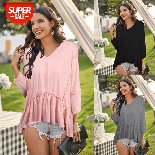 

[in stock]european and american women's casual solid color long-sleeved v-neck t-shirt loose pleated women #iv6i, White