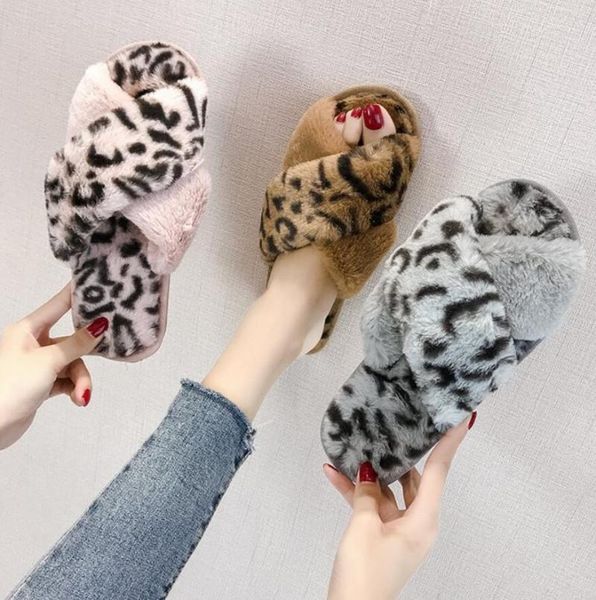

winter leopard print women's house slippers faux fur warm flat shoes home furry ladies zapatos de mujer dropshi, Black