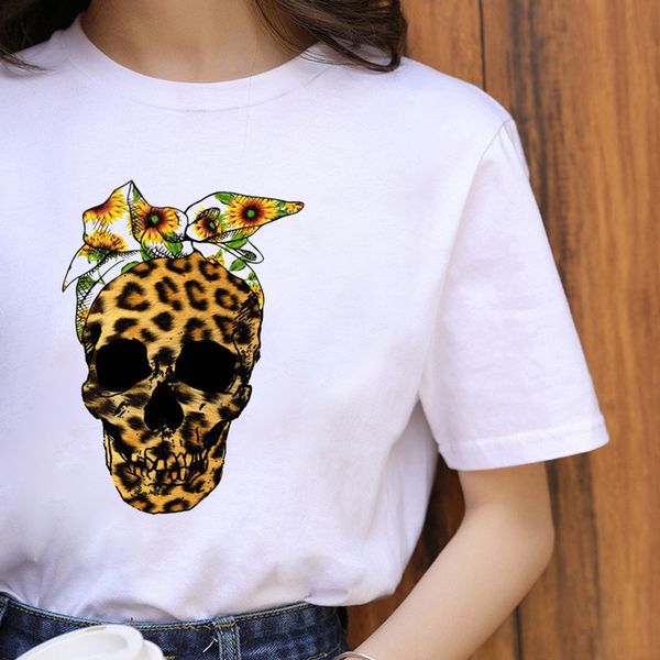 

leopard skull pattern women is fashion words 3d printing short slim t-shirt summer casual round neck short short sleeve t-shirt, White