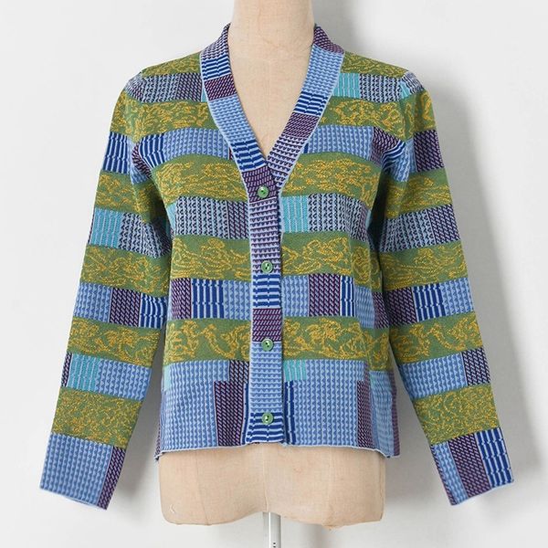 

knits jacquard knitted women spring thin cardigan neck hit colors striped fashion sweater, White