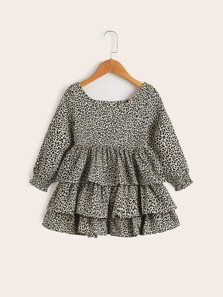 

toddler girls leopard print shirred cuff layer hem dress she, Red;yellow
