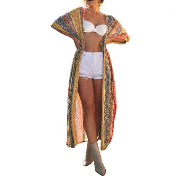 

arrival ladies casual printed cardigan beach blouse irregular half-sleeve long blue/yellow women's swimwear, White;black