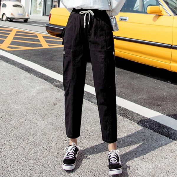 

women's pants & capris aiyanga summer women 2021 causal elastic waist drawstring ankle-length trousers female loose ins pencil, Black;white