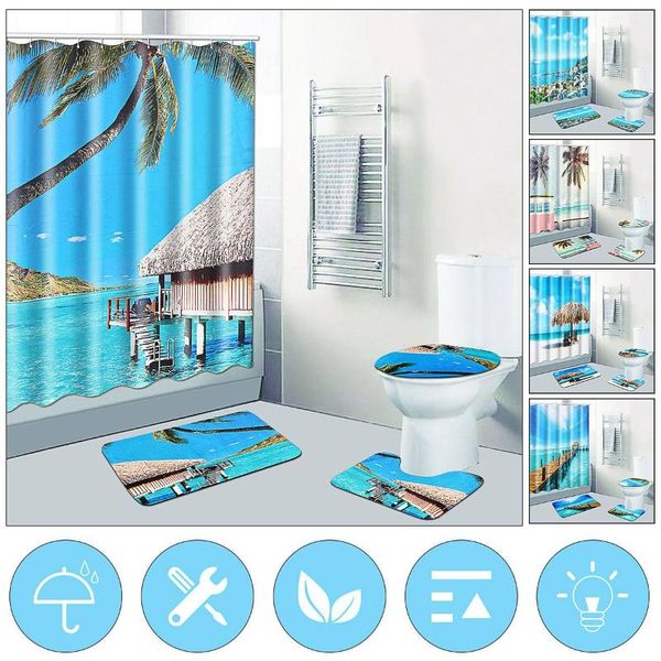 

shower curtains 4pcs/set sea beach scenery print curtain waterproof 3d landscape bathroom with 12 hooks home decoration