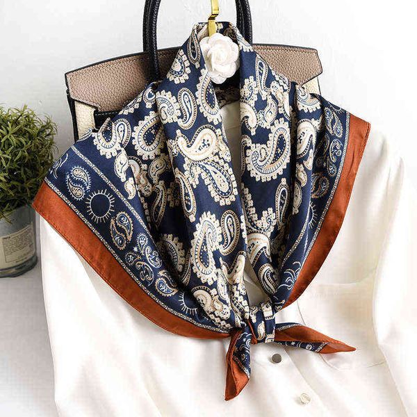 

new silk scarf square print female shawl fashion bag scarves head wraps for women bandana lady hair foulard large hijab 2021 y1108, Blue;gray