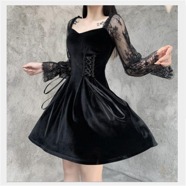 

casual dresses women's swing mini tulle dress elegant floral lace long sleeve v neck up short lolita harajuku fashion, Black;gray