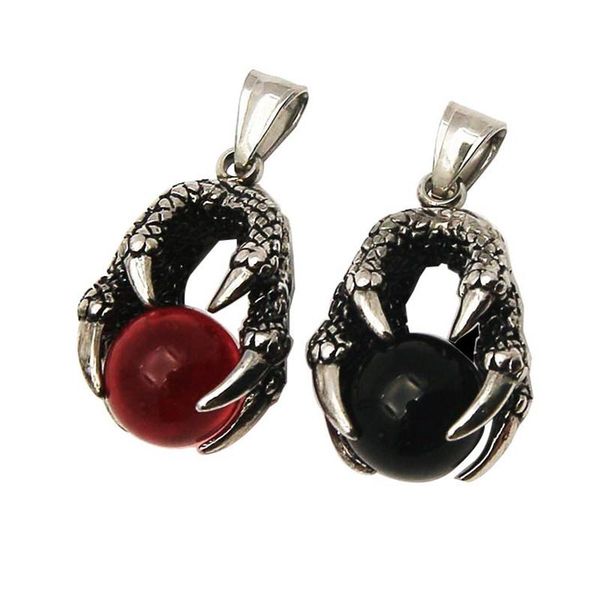 

pendant necklaces punk style jewelry black red dragon claw bead gothic men's necklace bu'xu'gang titanium steel chain 2021, Silver