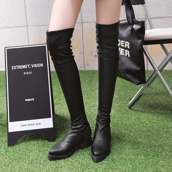 

boots women's high spring and autumn round toe slip on female shoes flat fashion thigh ladies over the knee women botas, Black