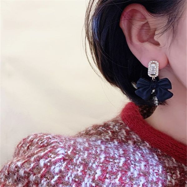 

s925 silver needle chandelier fashion black bow set with diamond earrings