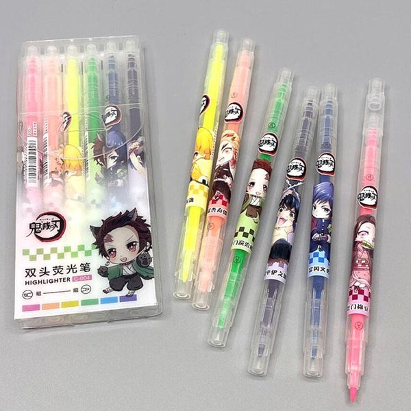 

highlighters 12 box/lot demon slayer highlighter 6 colors double head fine fluorescent marker liner drawing pens office school supplies, Black;red