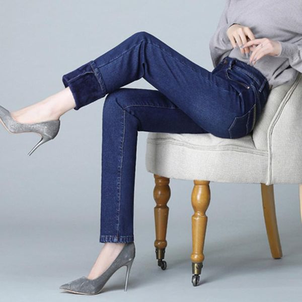 

women's jeans high-waisted plus velvet korean fashion all-match tight-fitting stretch pants were thin and large-size straight, Blue