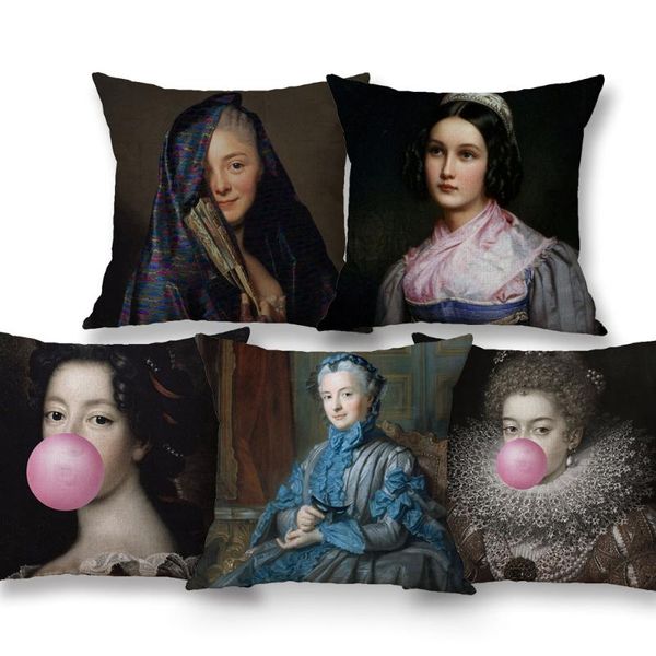 

cushion/decorative pillow european lady painting beige linen white polyester throw case home decor cushion cover 45x45cm