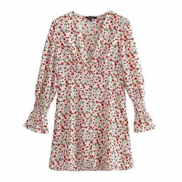 

spring summer dress fashion v-neck long ruffed sleeve mini floral print straight chiffon 210524, Black;gray