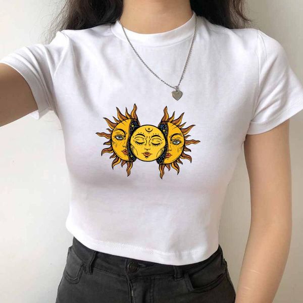 

women's t-shirt harajuku sun and moon graphic crop tshirt for women funny short sleeve t shirt womens casual oversized printed, White