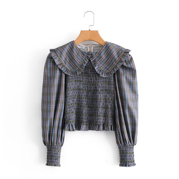 

women's blouses & shirts women fashion peter pan collar ruffles za plaid short blouse chic ladies long puff sleeve high elastic pl, White