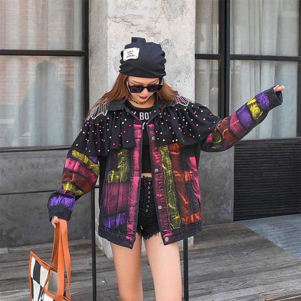 

women's jackets european autumn heavy industry design loose beaded fringed denim jacket coats women fashion streetwear 2021, Black;brown