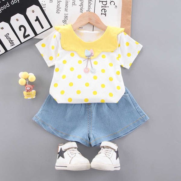 Sommer Neugeborenen Infantil Kleinkind Kind Baby Jungen Baby Mädchen Polka Dot Kurzen ärmeln Top Denim Shorts Set Kleidung Outfit