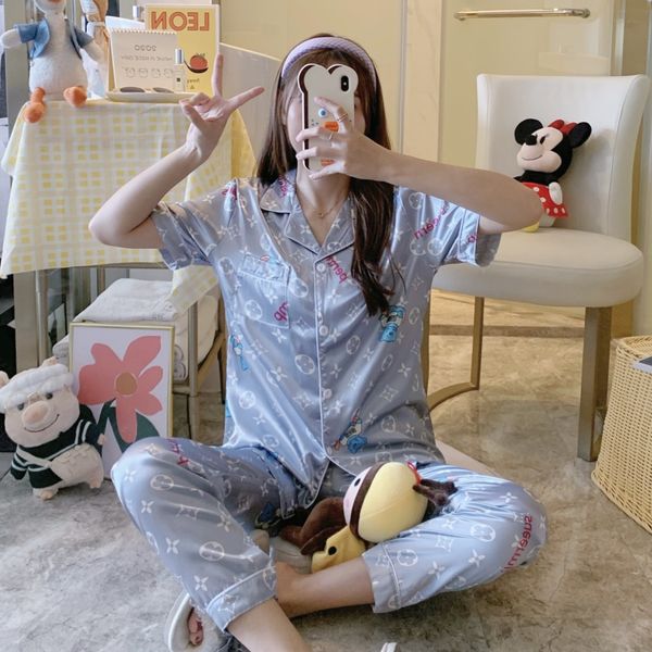 

wholesale summer designer letters silk pajamas sets home textile red green stripe cartoon print women short sleeve lapel cardigan sleepwear
