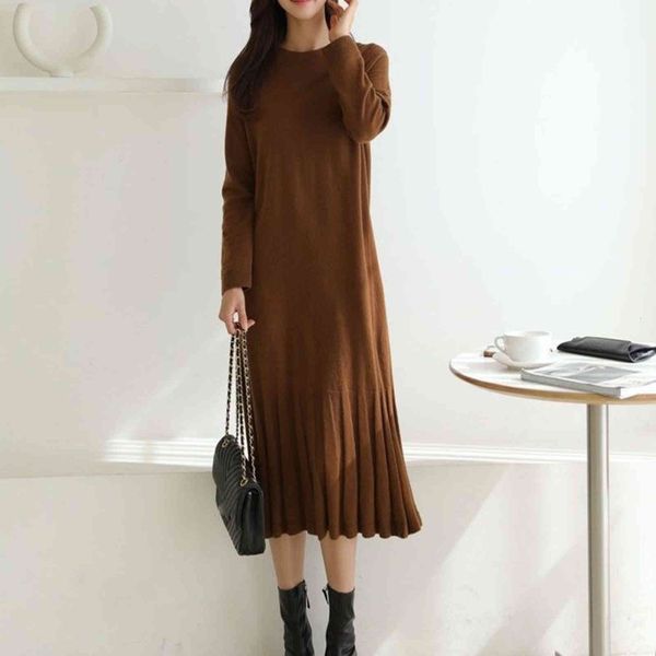

casual dresses autumn winter knitting women solid color round neck long sleeve korean fashion pullover ladies l0rh, Black;gray