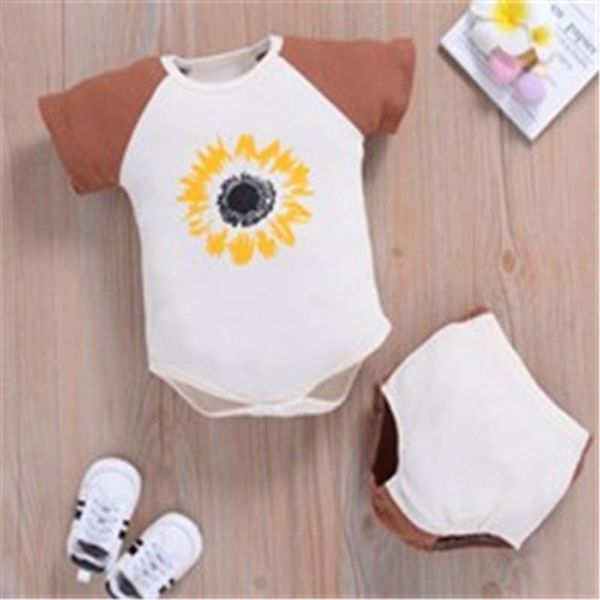 

0-24m 2pcs fashionable baby girls boys outfit, summer breathable sunflower printing short sleeve round collar cute romper shorts clothing se, White