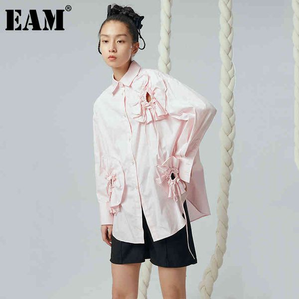 

[eam] wome black hollow out irregular big size blouse lapel long sleeve loose fit shirt fashion spring autumn 1dd6225 21512, White