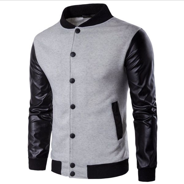 

New Fashion Mens Classic Snap Button Retro Baseball Jacket Punk Spliced PU Leather Winter Warm Coat, Black;brown