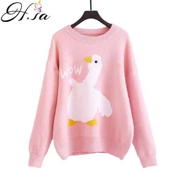 H.SA mulheres inverno pulôver e suéteres desenhos animados jumpers rosa cisne jacquard cute suéteres para meninas kawaii puxar femme hiver 210716