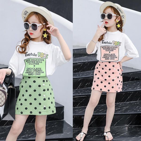 

clothing sets summer grils clothes polka dot short skirt + sleeve t-shirt children outfits kids girls suit 2piece set, White