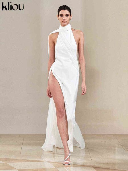 KLIOU Elegante Maxi Dress Delle Donne Autunno TurtleNECK Senza maniche Shelled Scialle Vestido Fairy Lady High Street Backless Solid Robe Y1204