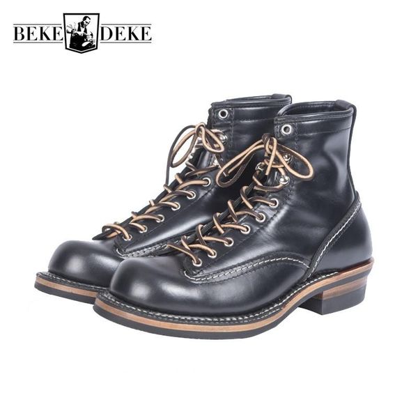 

boots brand vintage cowhide mens ankle casual lace up round toe genuine leather cargo shoes plus size, Black