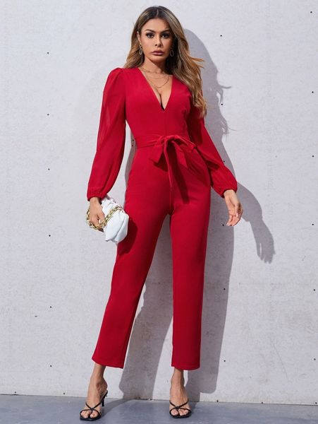 

v-neck lantern sleeve belted solid jumpsuit a9gx#, White