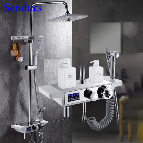 

bathroom shower system senducs white chrome digital mixer set rainfall head luxury thermostatic sets