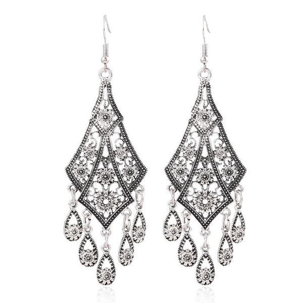 

earrings ethnic style hollow carved water drop tassels exaggerated personality big charm dangle & chandelier, Silver