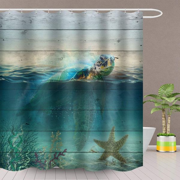 

ocean shower curtain board sea turtle starfish coral seabed bathroom decoration set polyester fabric 72x84 inch with hook
