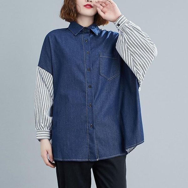 

oversized women casual shirts 2021 autumn korean style vintage patchwork striped loose female cotton denim s2393 women's blouses, White