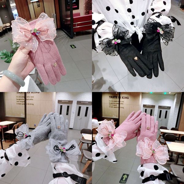 

gloves autumn and winter women' touch screen warm thickened cashmere bow dot yarn cycling student finger, Blue;gray