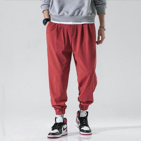 

japanese cotton male trousers ankle length pants men loose harem chinese style hip hop streetwear men's jogger, Black