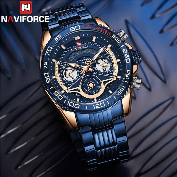 

wristwatches naviforce man wristwatch fashion sport men watch blue gold military stainless steel quartz male clock gift 918, Slivery;brown
