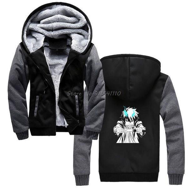 

men's hoodies & sweatshirts rin okumura homme hoodie blue exorcist anime men winter thicken hooded sweatshirt streetwear, Black