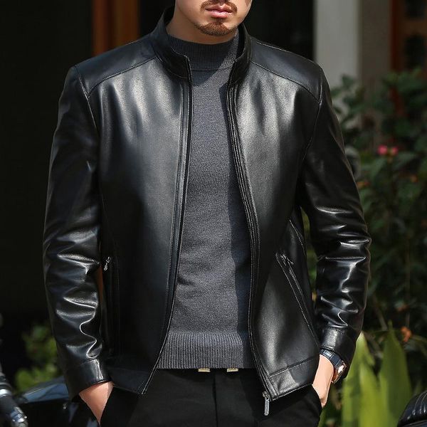 

men's leather & faux genuine jacket men spring autumn real sheepskin coat stand collar jackets jaqueta couro, Black