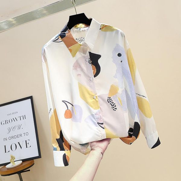 

women's blouses & shirts spring autumn blouse hong kong style commuter retro-print long-sleeved casual loose female de760, White