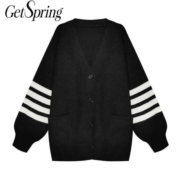 

getspring women sweater lantern sleeve v-neck black knit cardigan vintage casual long sweaters 210601, White