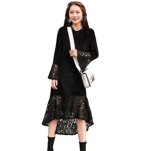 

casual dresses women black elegant lace dress fashion irregular mermaid vestido christmas party autumn 4xl plus size clothes z256, Black;gray