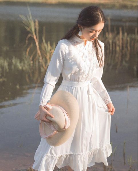 

casual dresses 2021 women white dress autumn vintage elegant ladies lace patchwork up party vestidos, Black;gray
