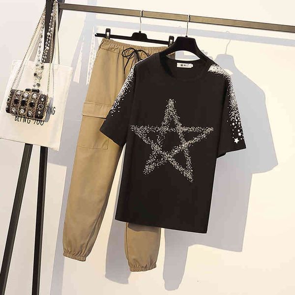 

pant summer set 4xl t women casual two piece outfits plus size short sleeve cotton black tee shirt femme pants suit, White